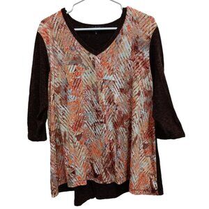 Lbisse Wearable Art Tunic Top Womens Small Orange Brown Abstract Mixed Media